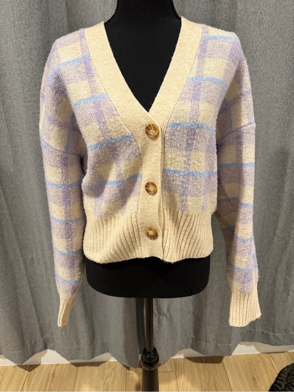 ASTRA Beige Plaid V-Neck Button Cardigan Sweater
